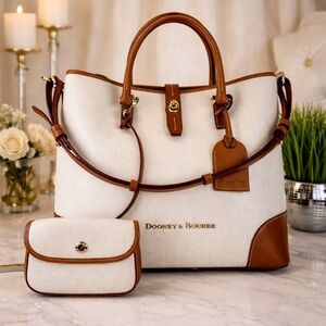 Dooney & Bourke Shelby Shopper Shoulder Tote Bag White Tan Leather Wristlet Set